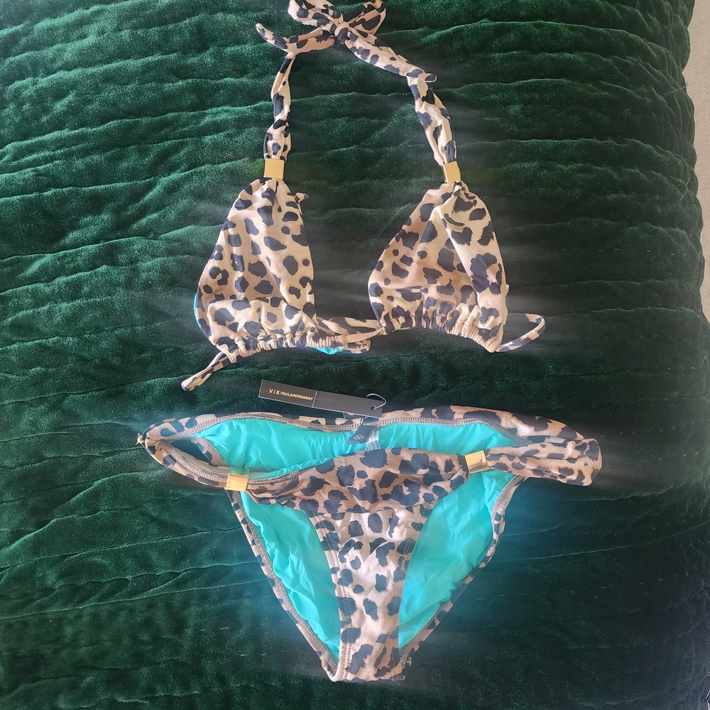 Vix Swim Leopard Print Bikini with Gold Accents Large